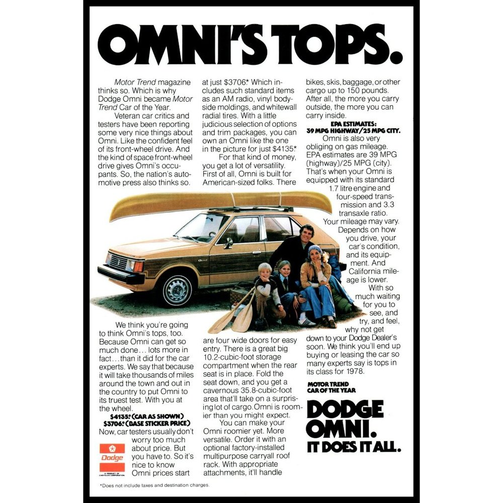 1978 Dodge Omni's Tops Vintage Print Ad Family Outing